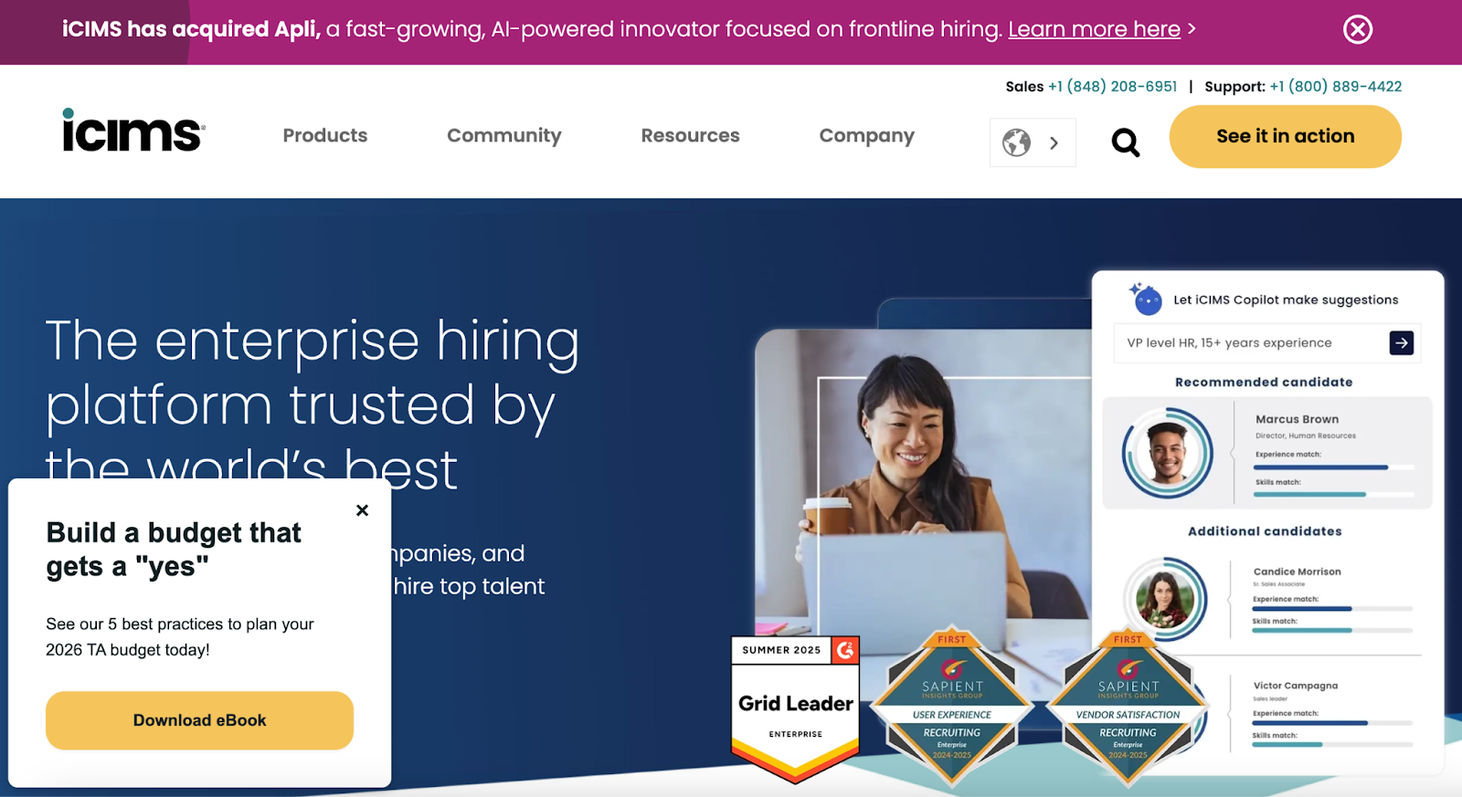 iCIMS platform homepage featuring AI recruitment tools
