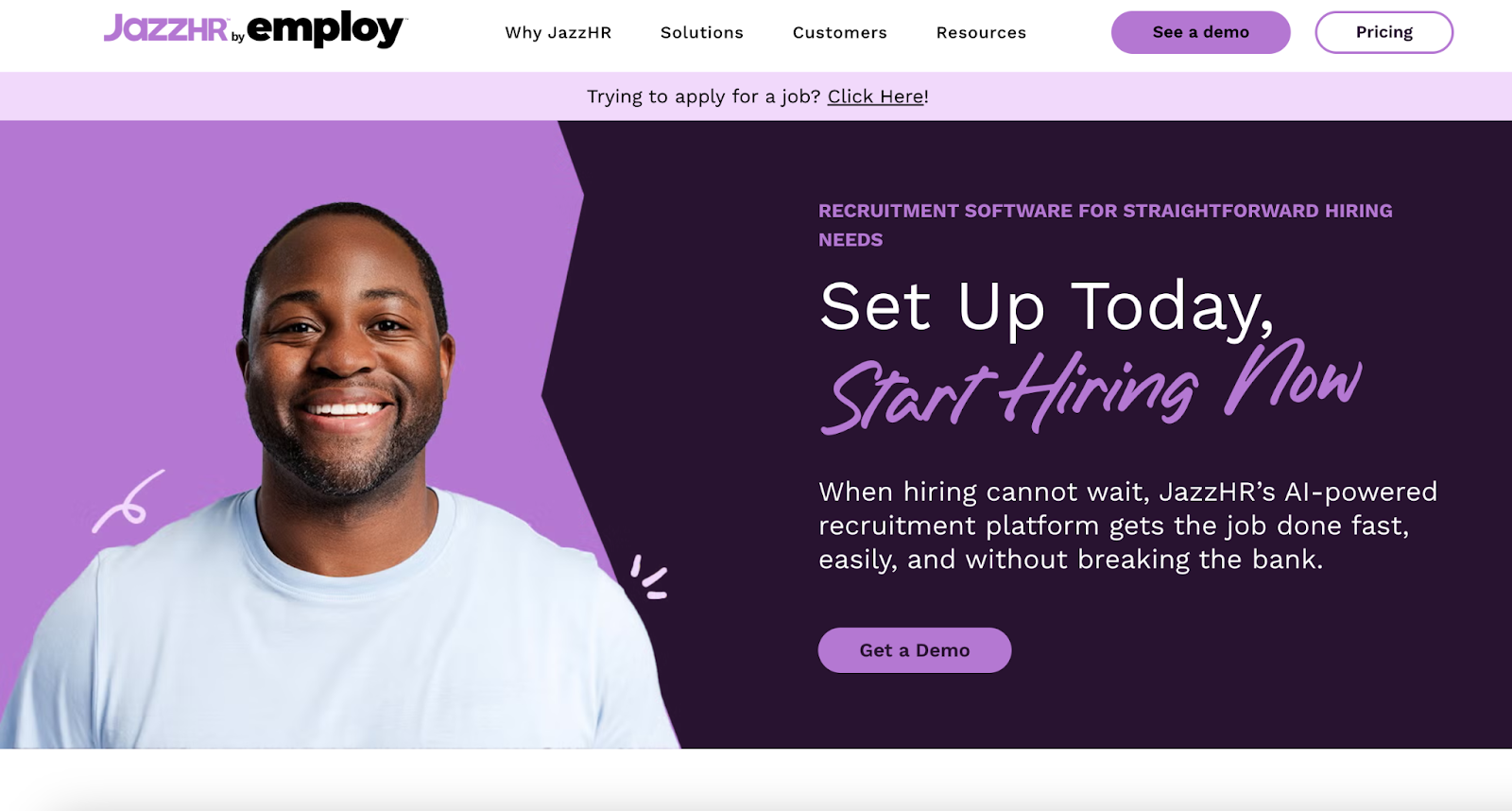 JazzHR homepage highlighting AI-powered recruitment tools