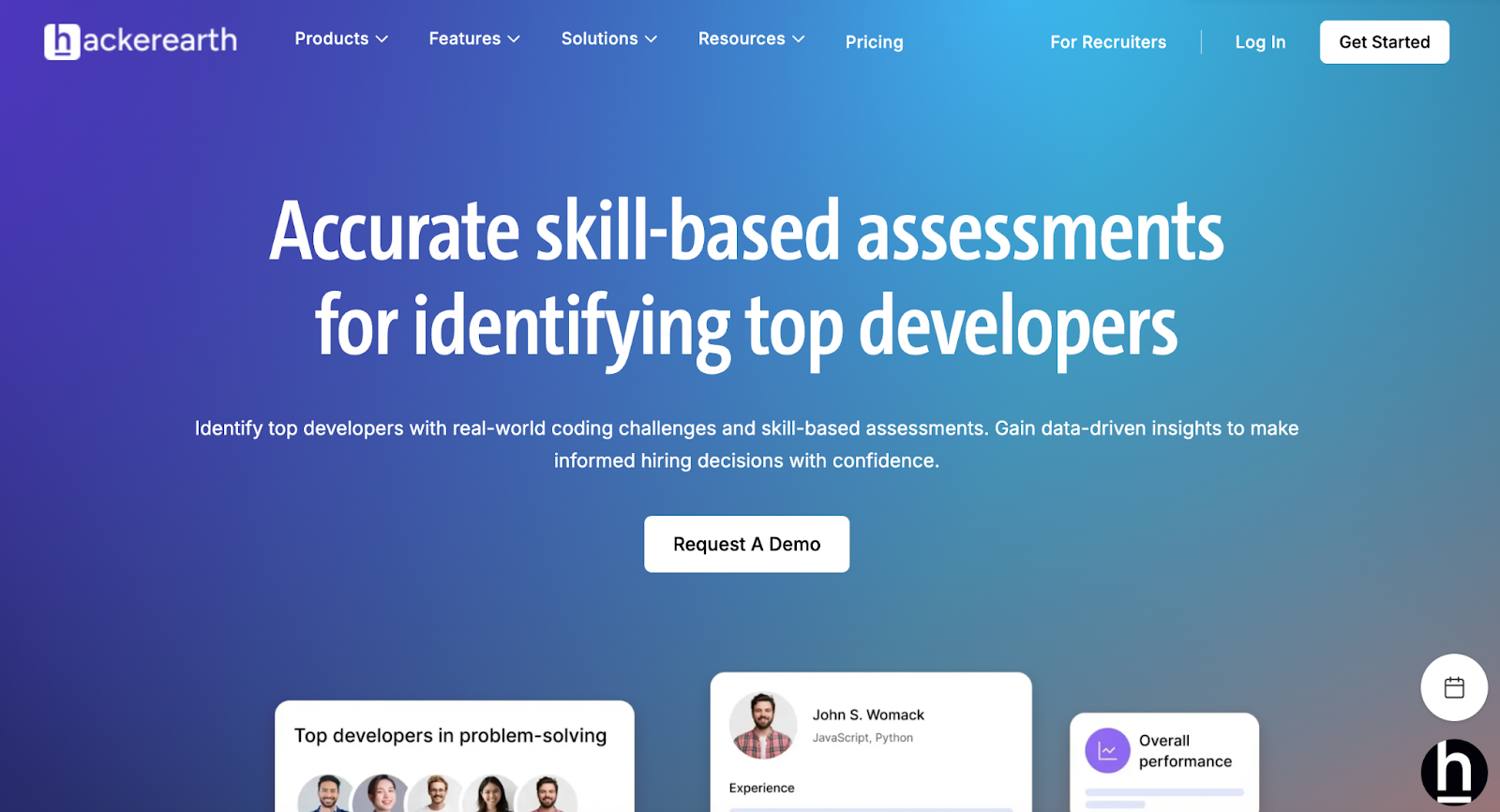 HackerEarth skills assessments page showing features and coding test overview