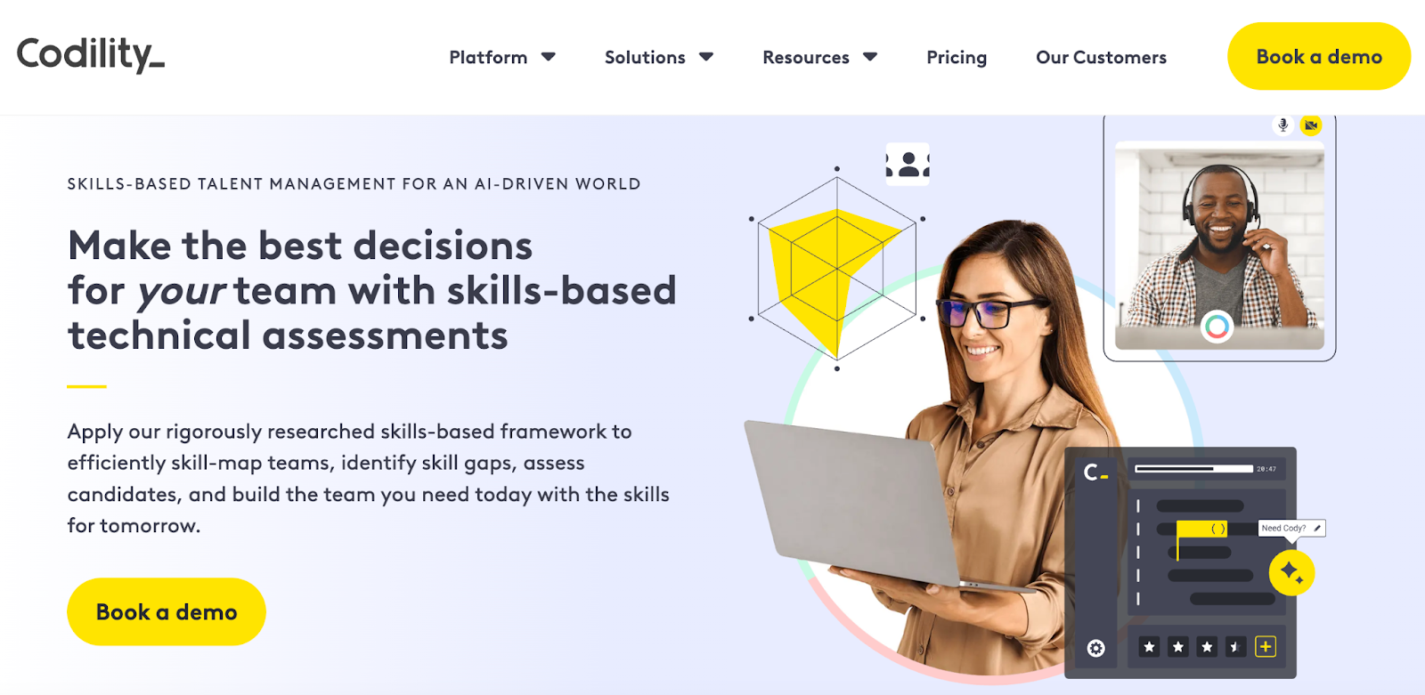 Codility homepage showing skills-based assessments and tech hiring tools