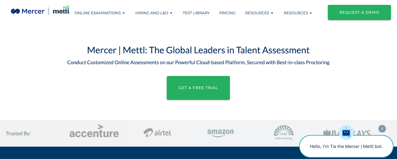 Mettl homepage displaying online assessments and skill evaluation tools