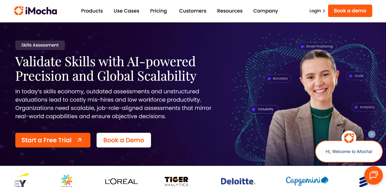 iMocha homepage showcasing an AI-powered skills intelligence platform