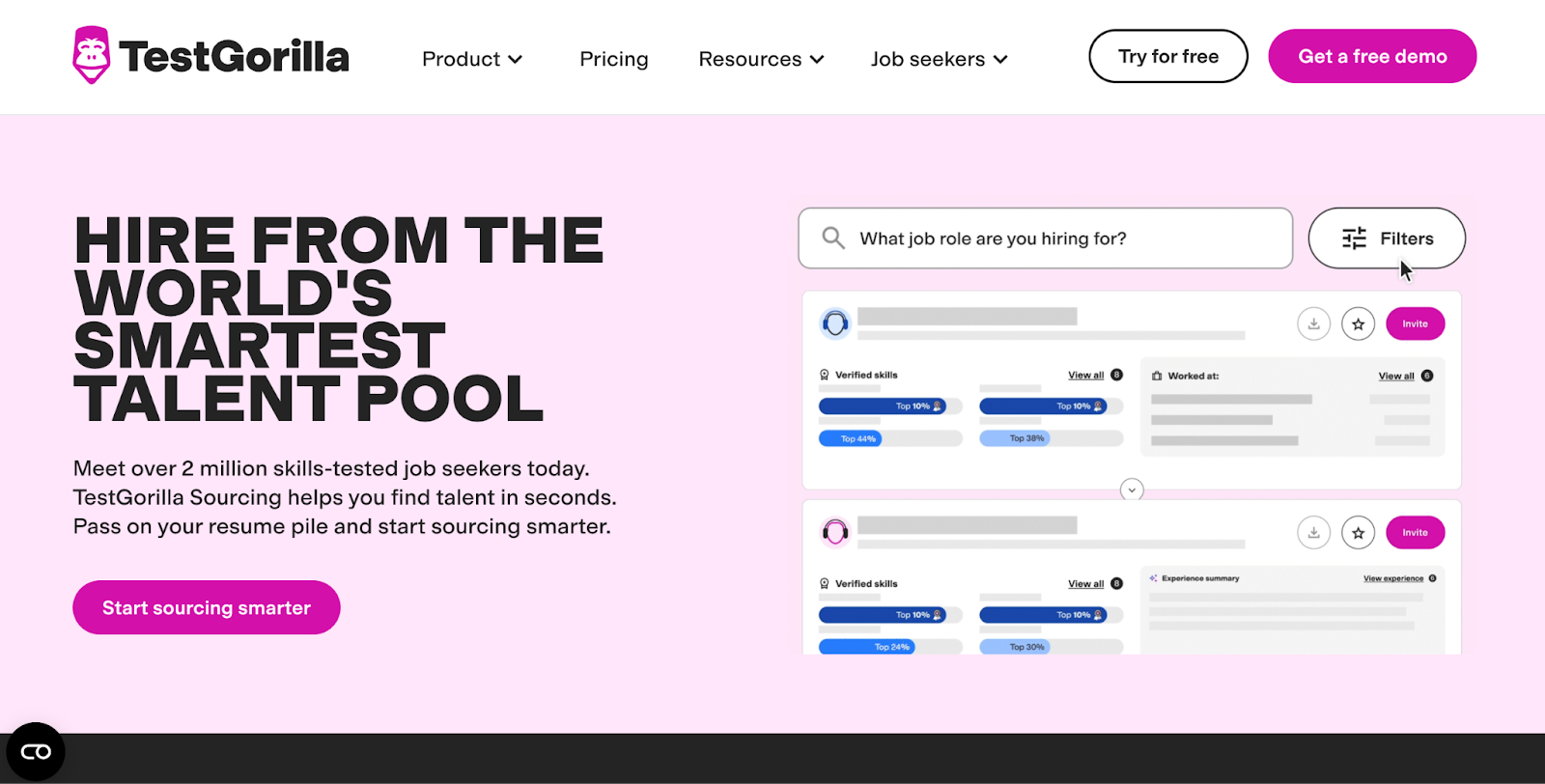 TestGorilla pre-employment talent sourcing landing page