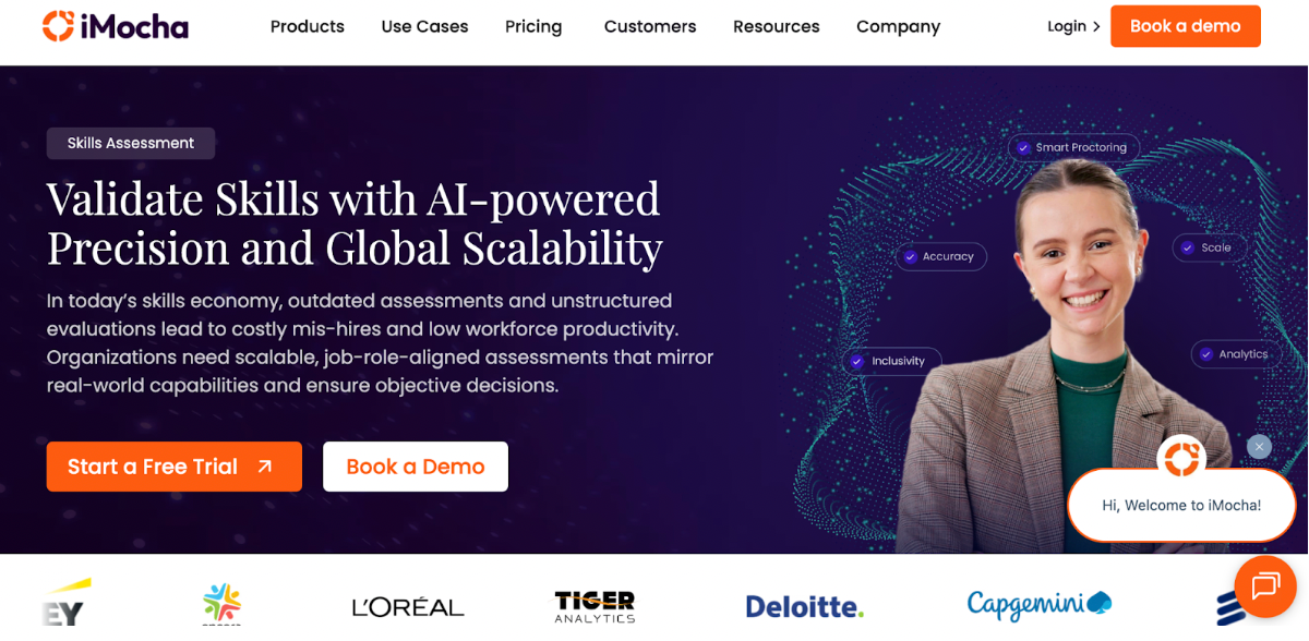 iMocha homepage showcasing an AI skills intelligence platform