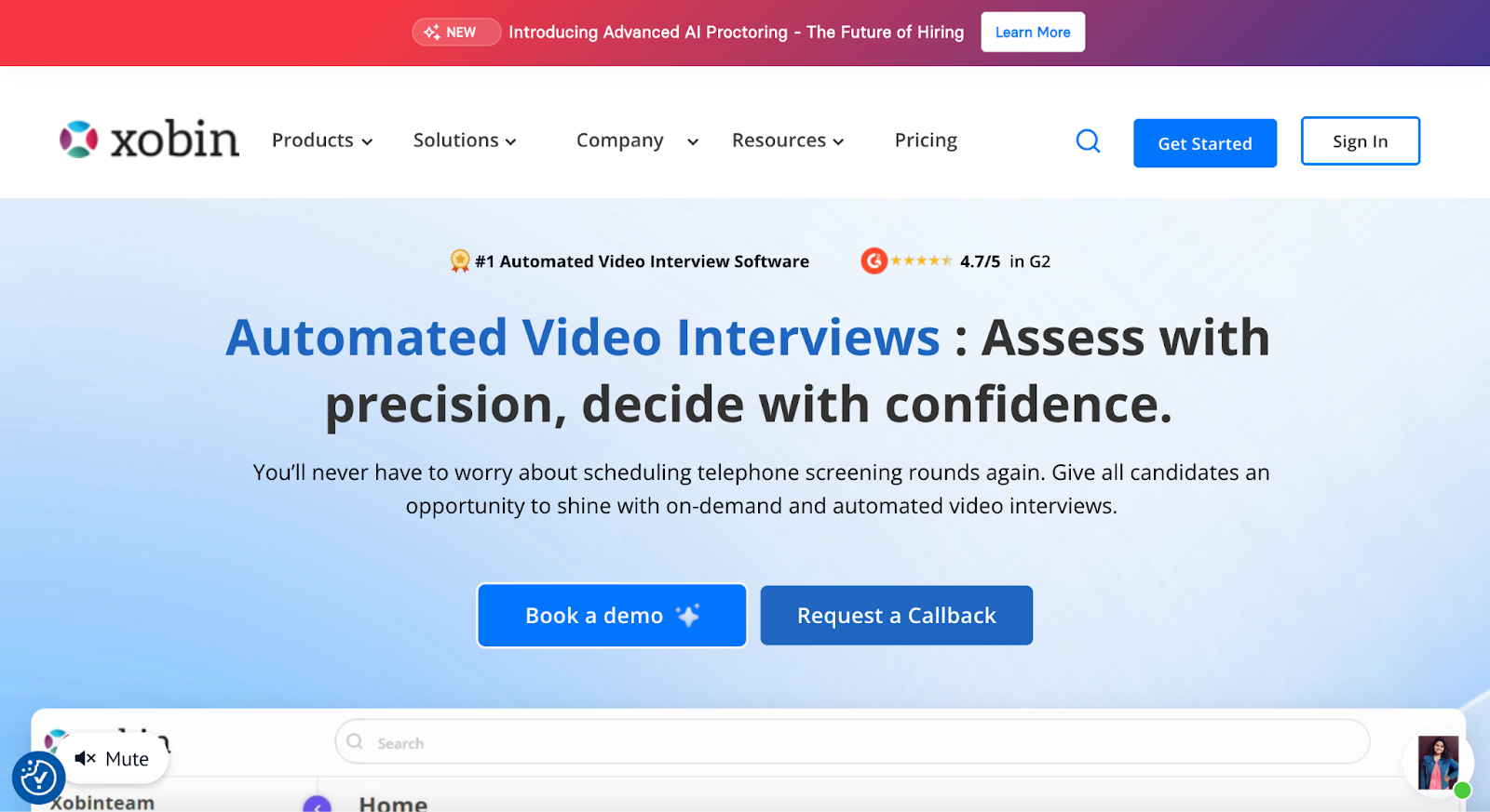 Xobin landing page showcasing automated video interview and resume screening software