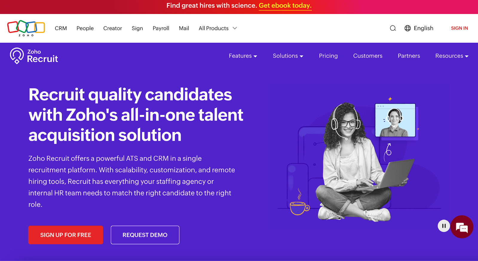 Zoho Recruit homepage showing ATS and CRM recruitment software