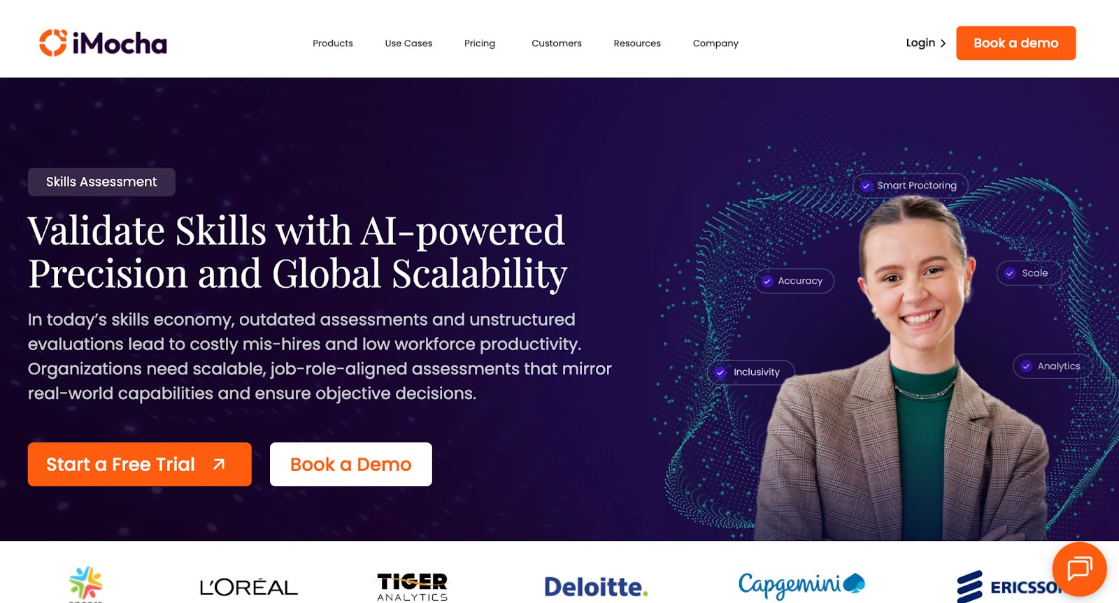 iMocha homepage showcasing an AI-powered skills intelligence platform