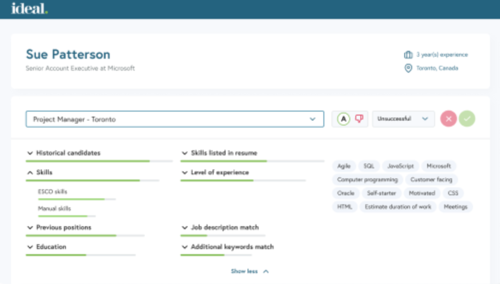Resume screening dashboard analyzing candidate skills and experience