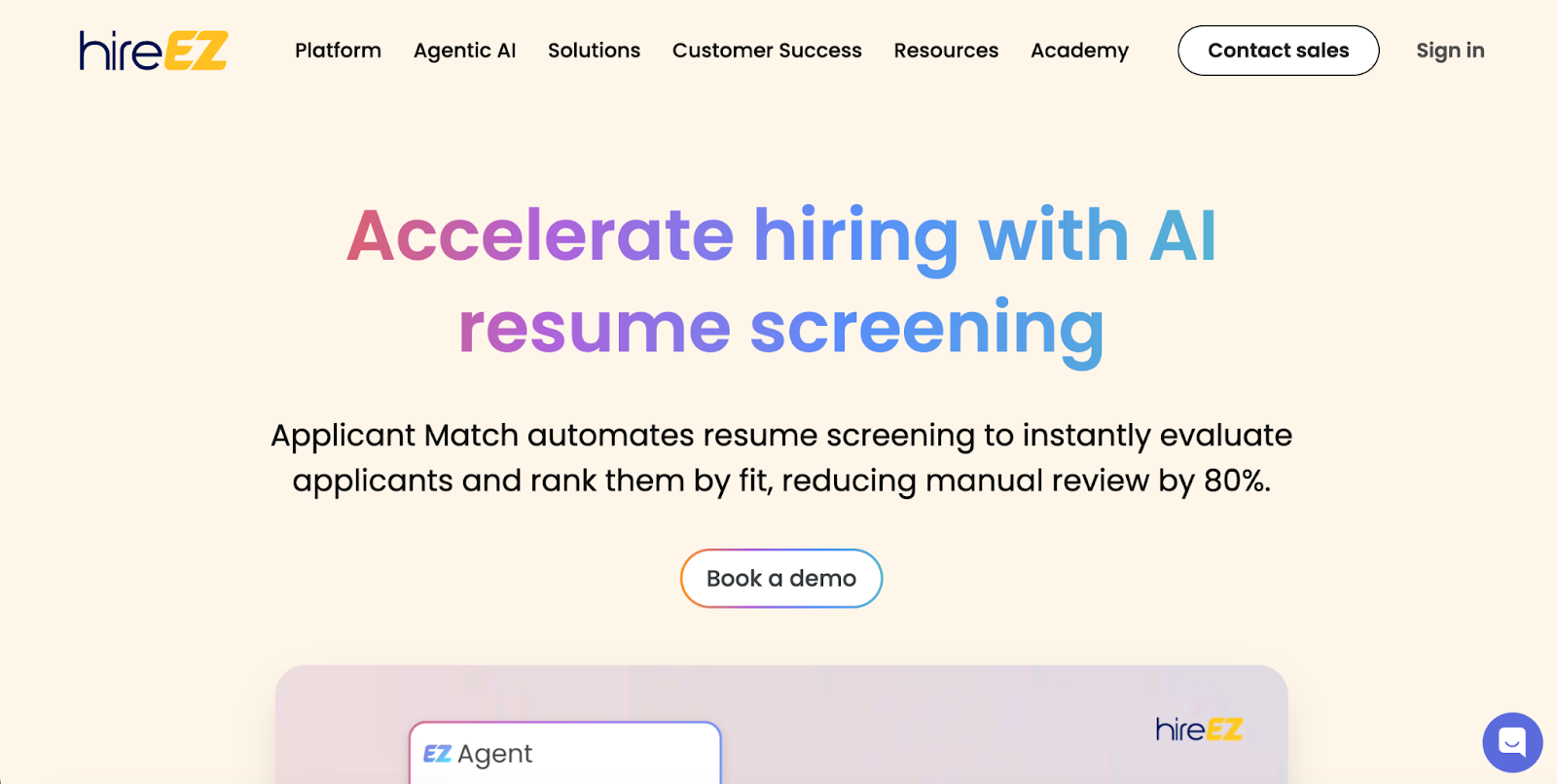 hireEZ homepage showing AI resume screening feature