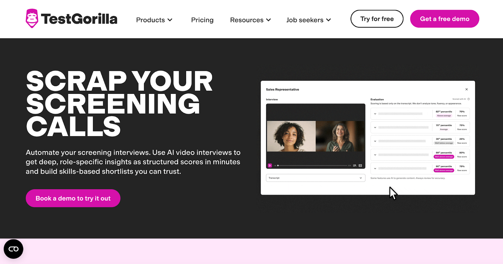 TestGorilla AI video interview screen with scores and transcript