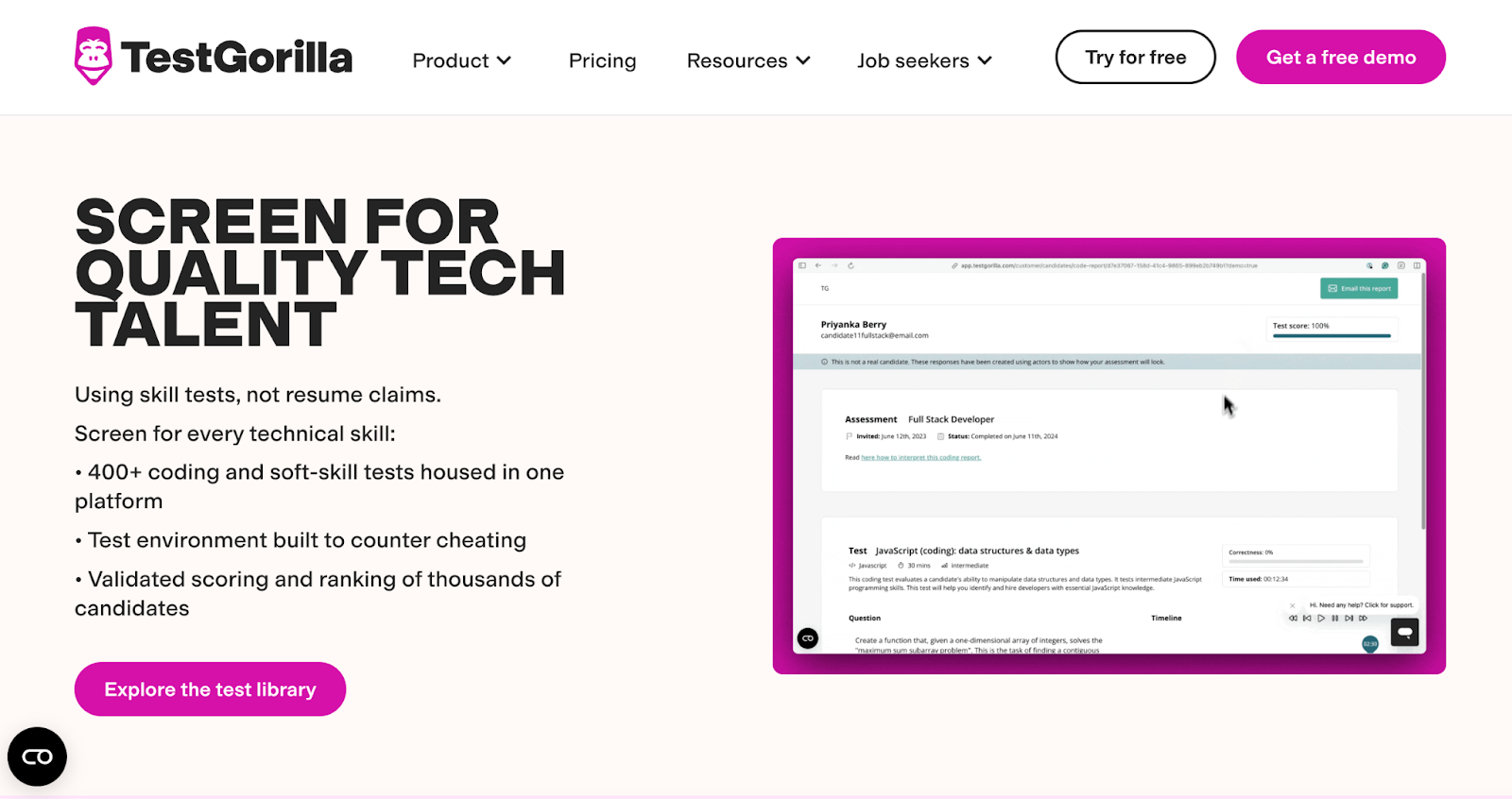 TestGorilla tech hiring homepage featuring AI-powered talent sourcing and assessments