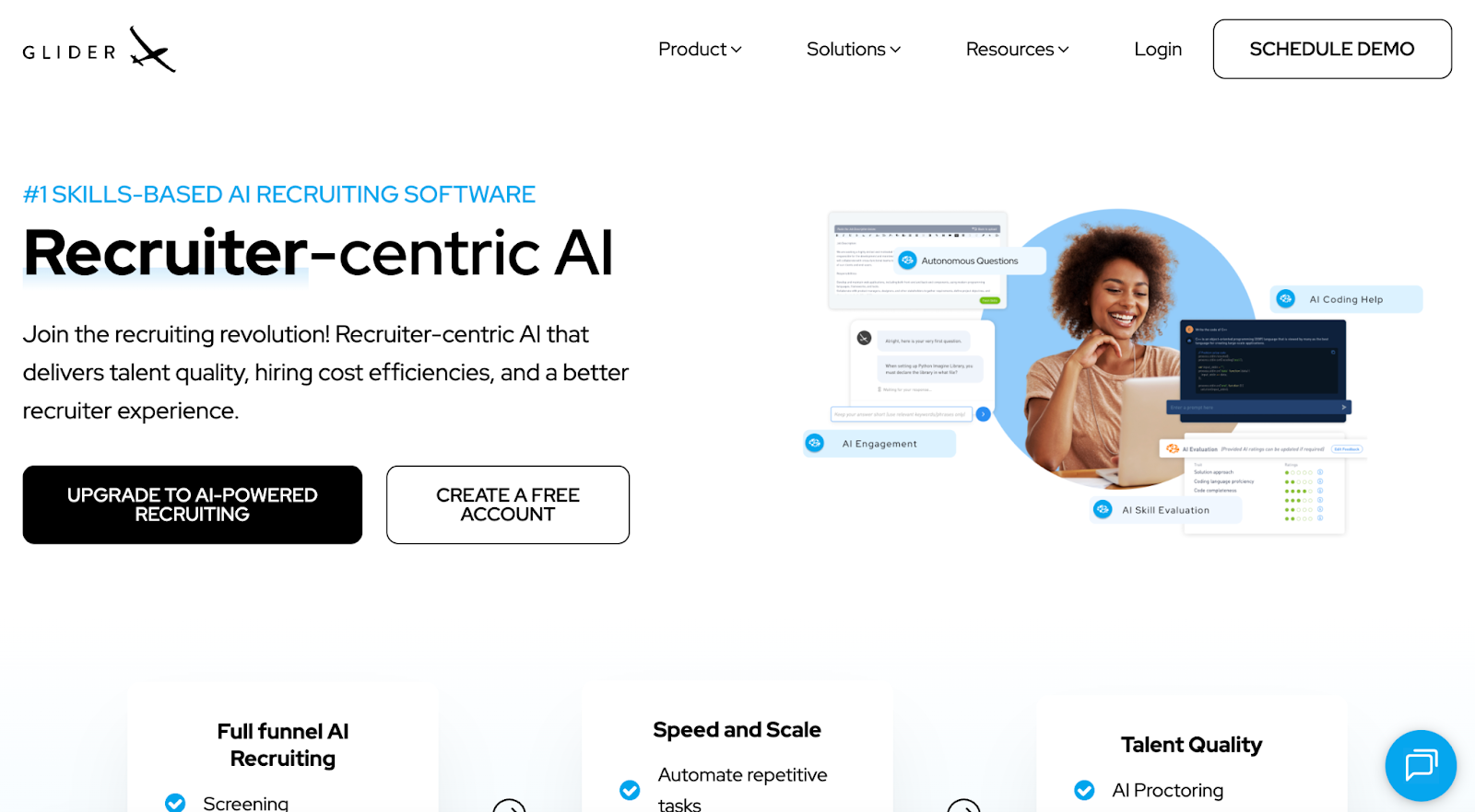 Glider AI recruiting software UI with a happy recruiter, showing AI features