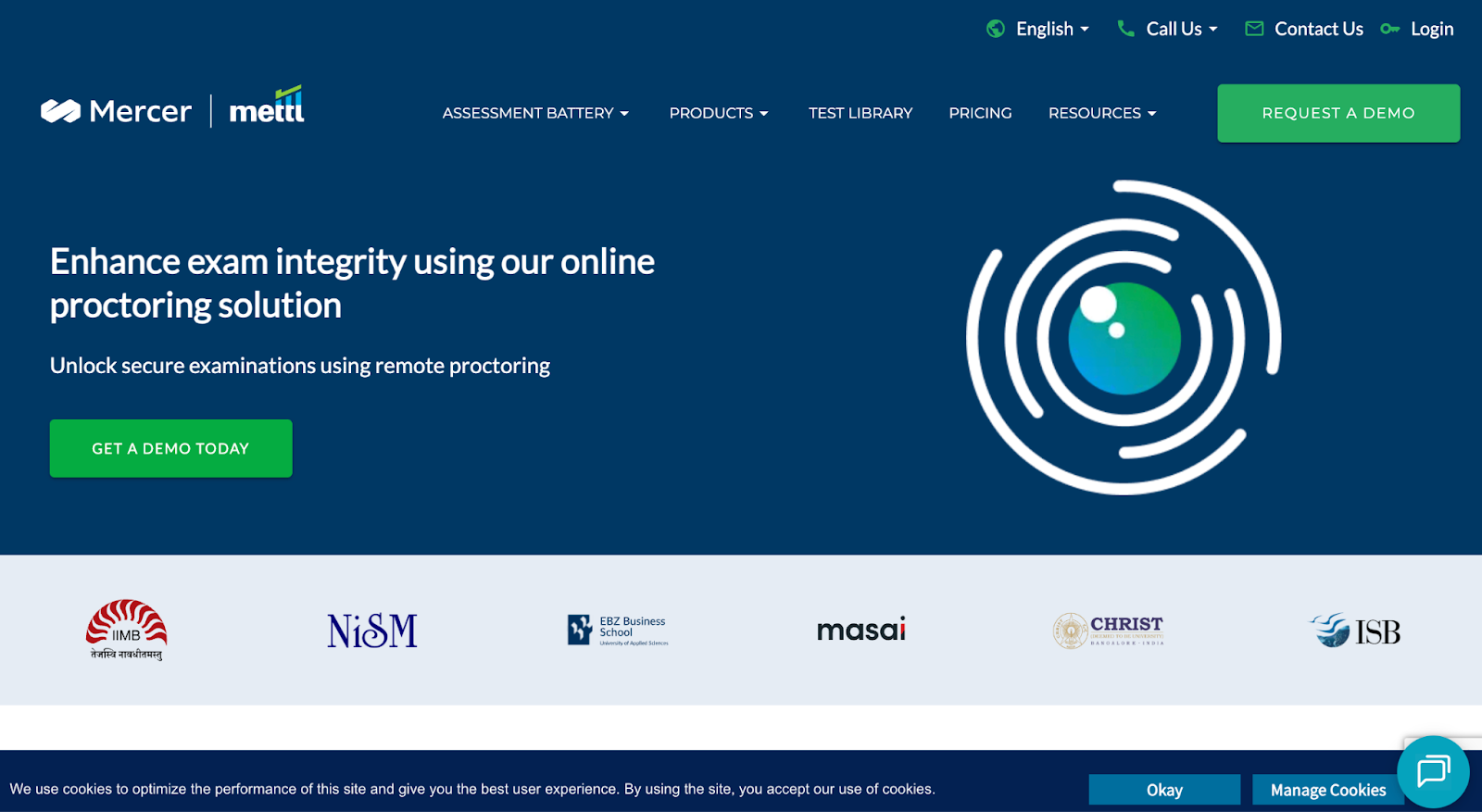 Mercer Mettl website with text and a proctoring eye graphic