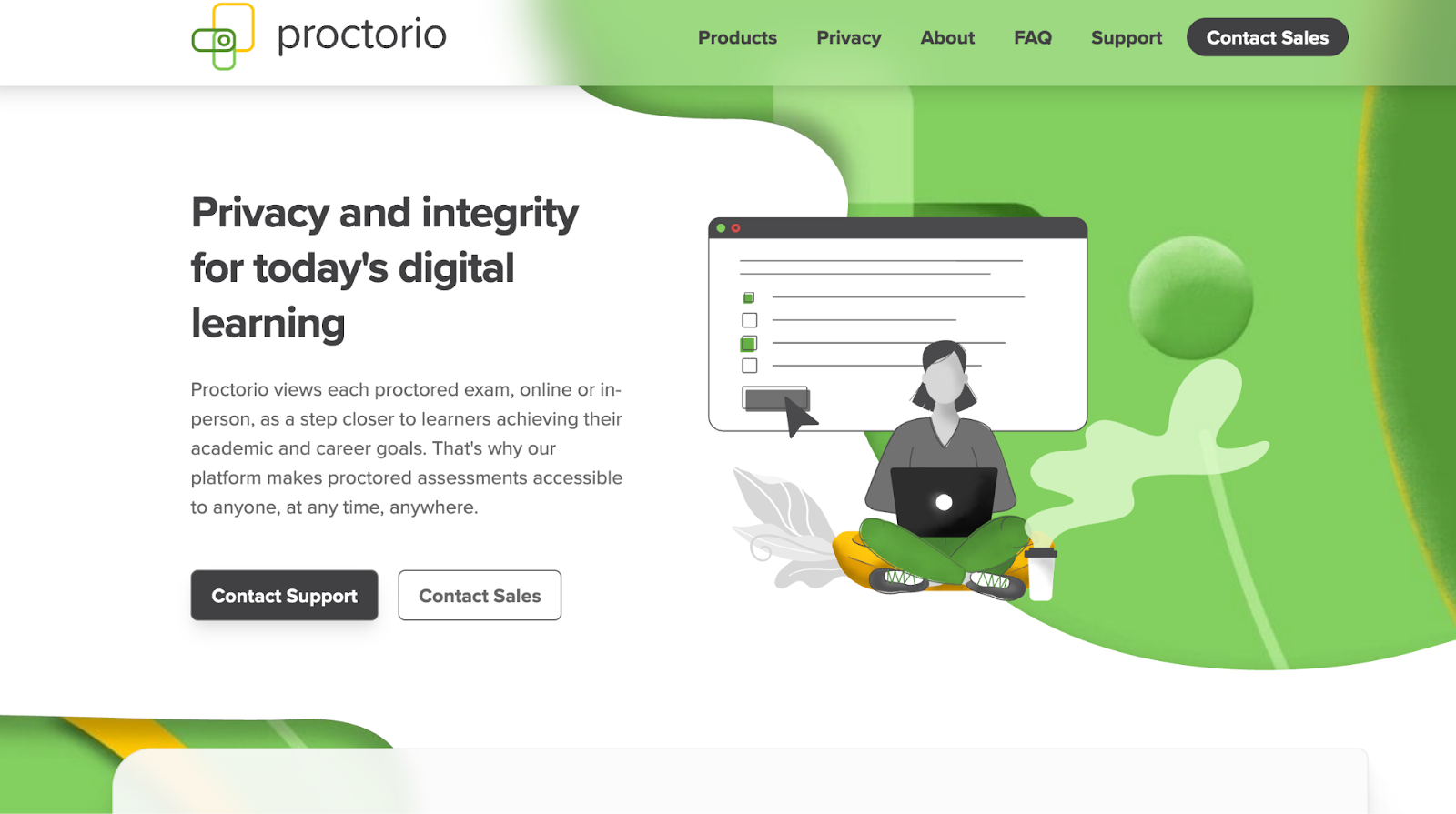 Proctorio website screenshot with logo and mission statement