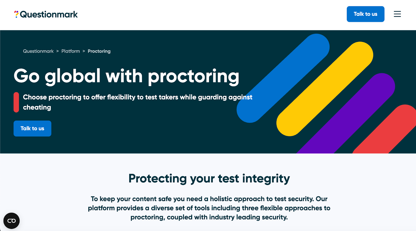Questionmark website with "Go global with proctoring" headline