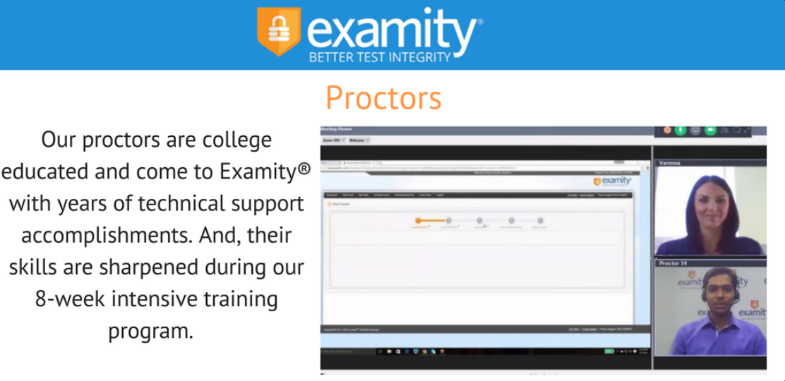 Examity slide about proctor training with video call screen