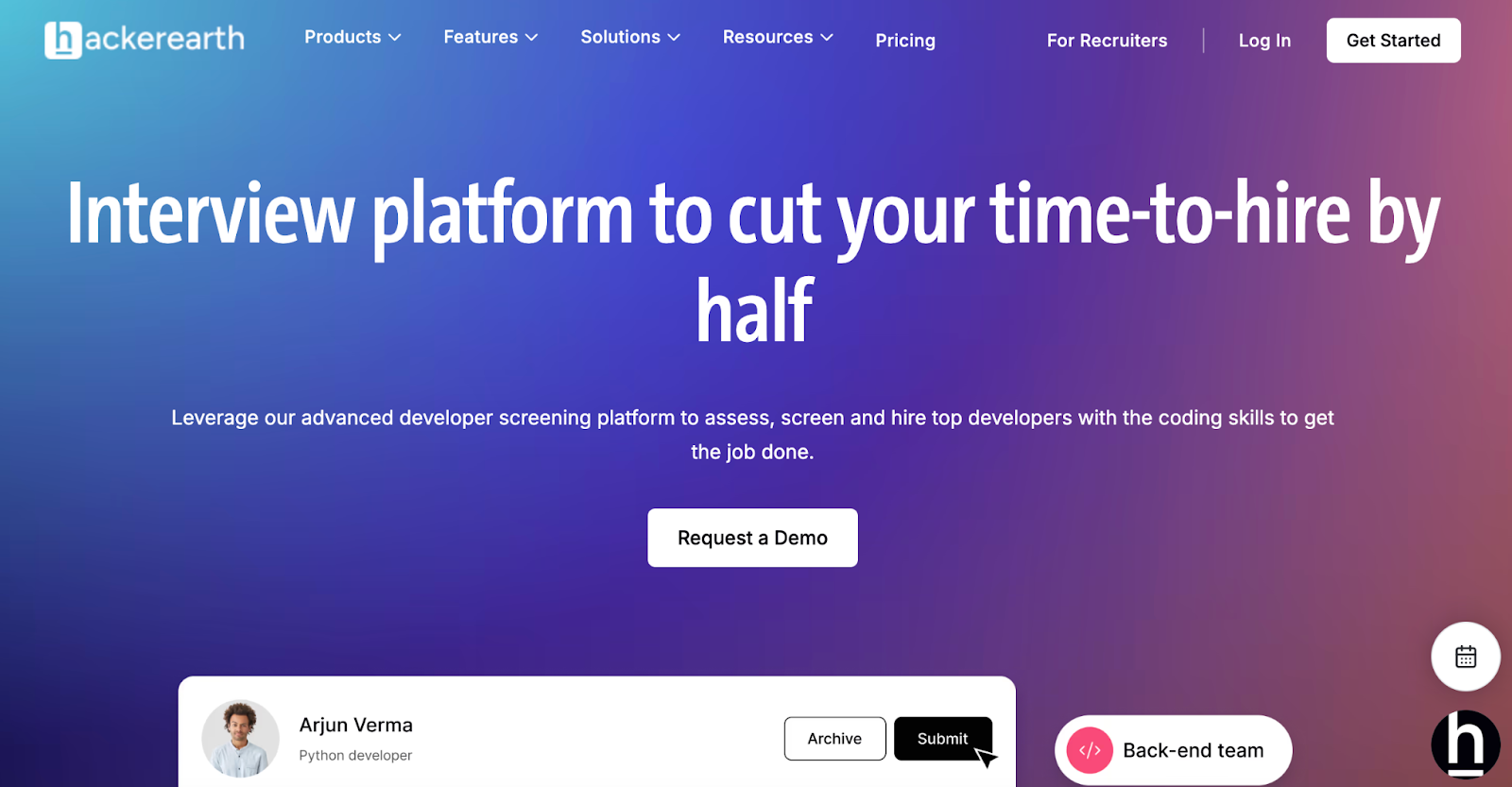 HackerEarth hiring assessments landing page showing features