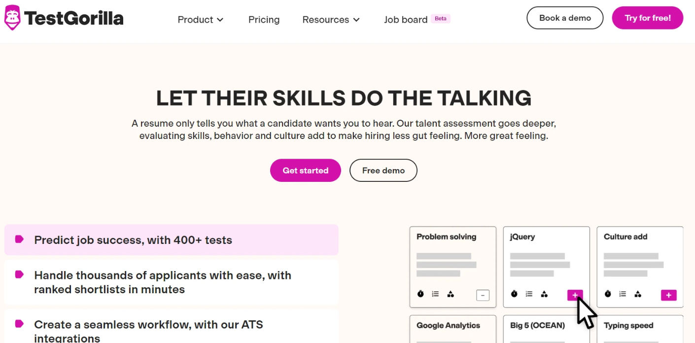 TestGorilla homepage featuring AI-powered talent sourcing and assessments