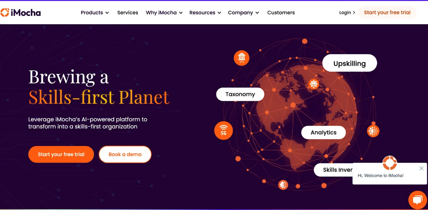  iMocha homepage showcasing an AI-powered skills intelligence platform