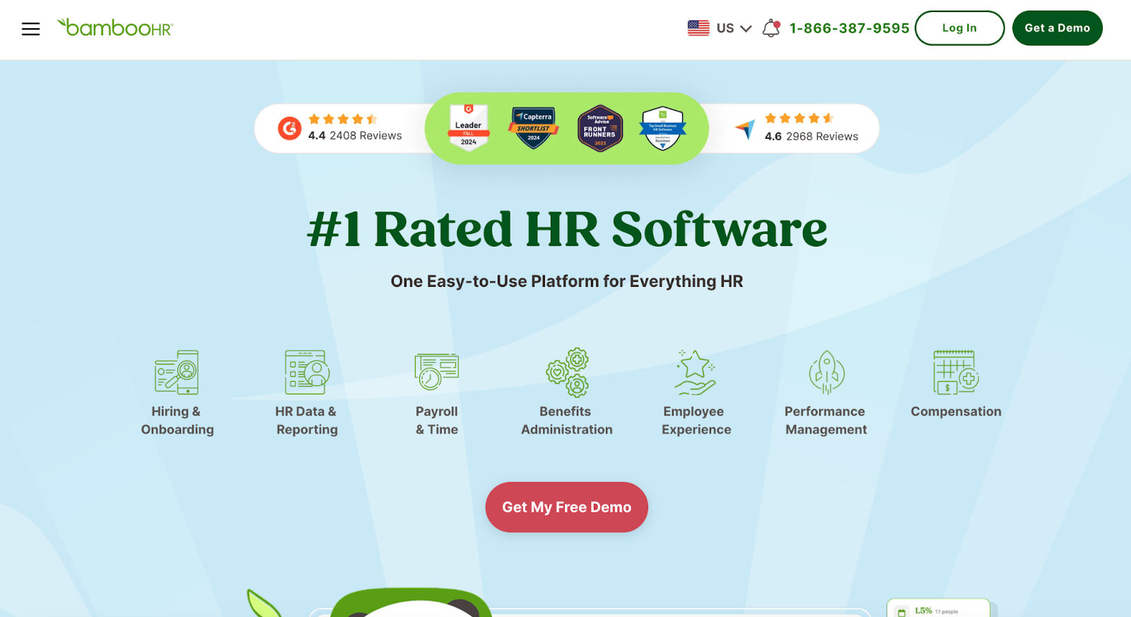 BambooHR homepage with ratings and HR features