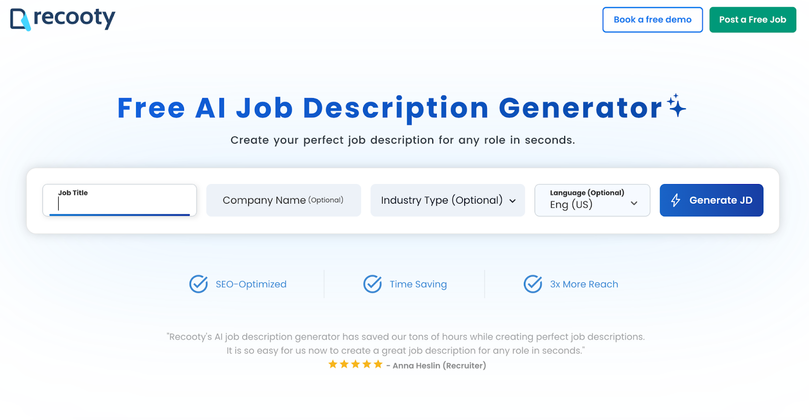 View the Recooty AI job description generator tool