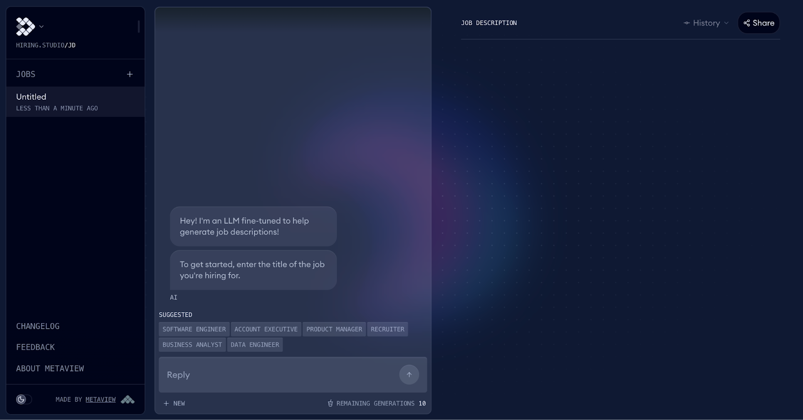View the conversational AI interface for drafting JDs