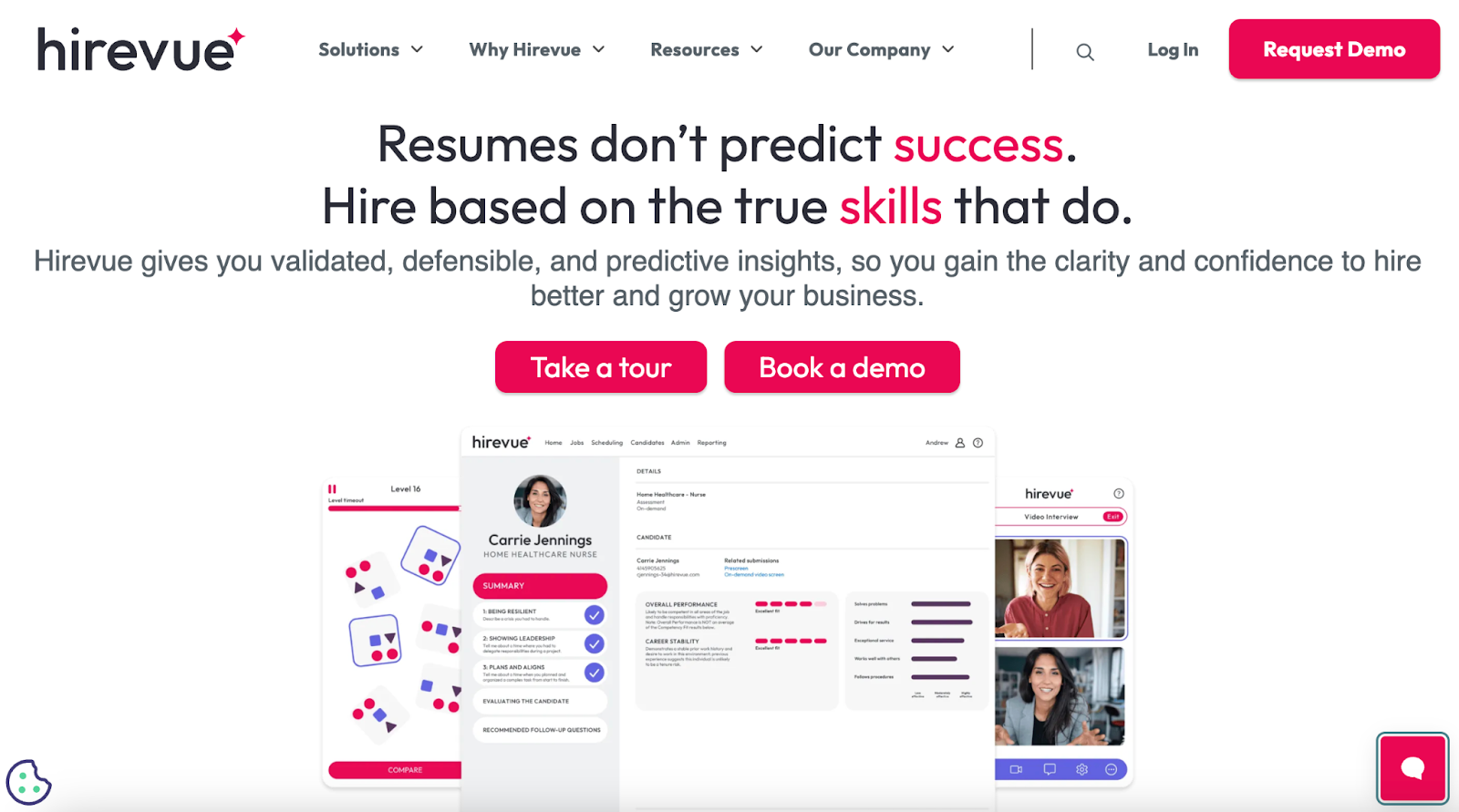 HireVue's homepage showing their AI-powered hiring platform