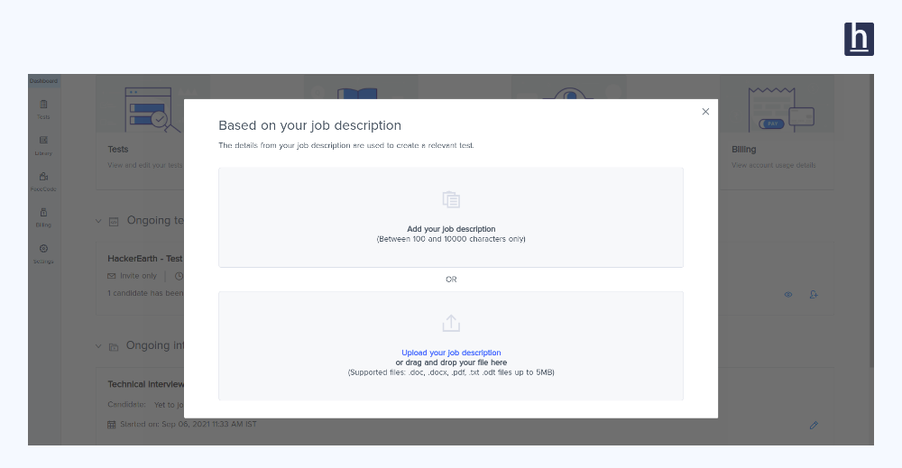 JD upload dialog showing a large text area labeled "Paste your job description here" and a file drop zone labeled "Upload your job description" with supported file formats listed