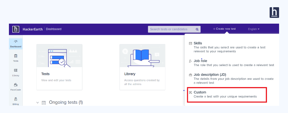 Create new test dialog with the "Custom" tile selected and a short description of the custom test option displayed below