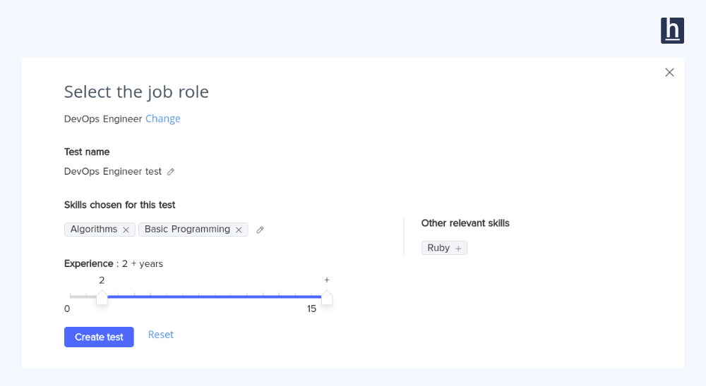 Edit panel with editable skill chips, an experience-level dropdown, and per-skill question count fields for a role-based test