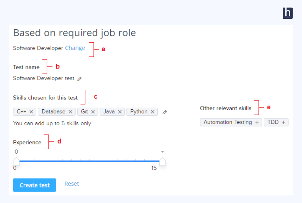 Job role selection screen showing a searchable list of role titles including Software Developer, Data Engineer, Frontend Developer, and Backend Developer