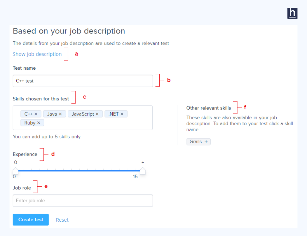 Review screen listing extracted skill tags (e.g., Java, Spring Boot), an experience-level dropdown, and an editable list of question sections with counts per skill