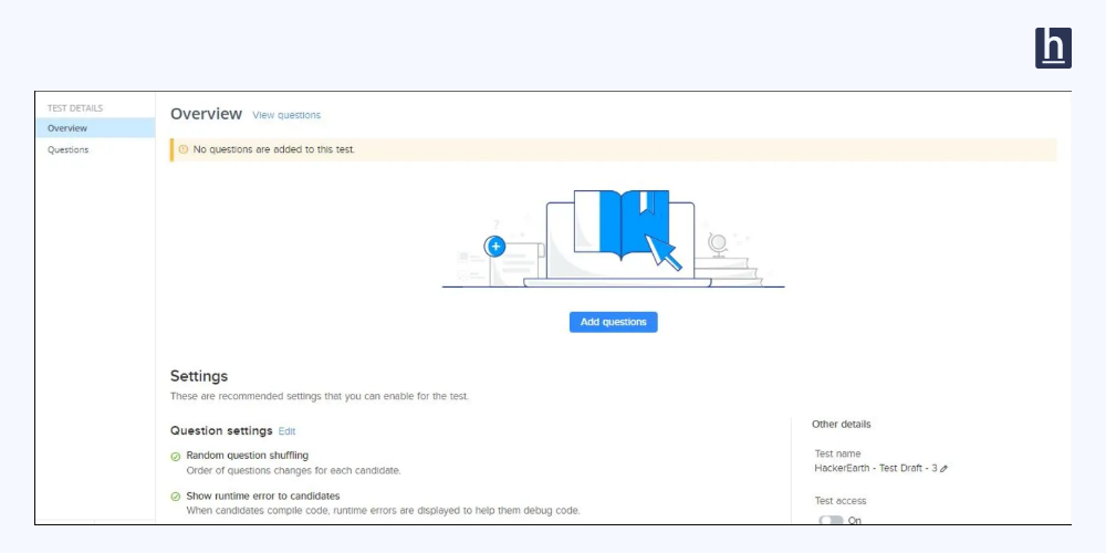 Custom test dashboard showing a left-hand question library panel with filter chips (difficulty, skill, type) and a right-hand test outline with drag-and-drop question slots