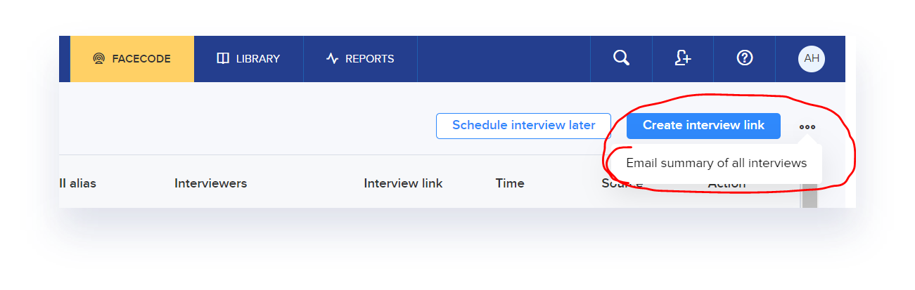 FaceCode dashboard highlighting the email summary option for recruiters — biggest changes on FaceCode reporting feature