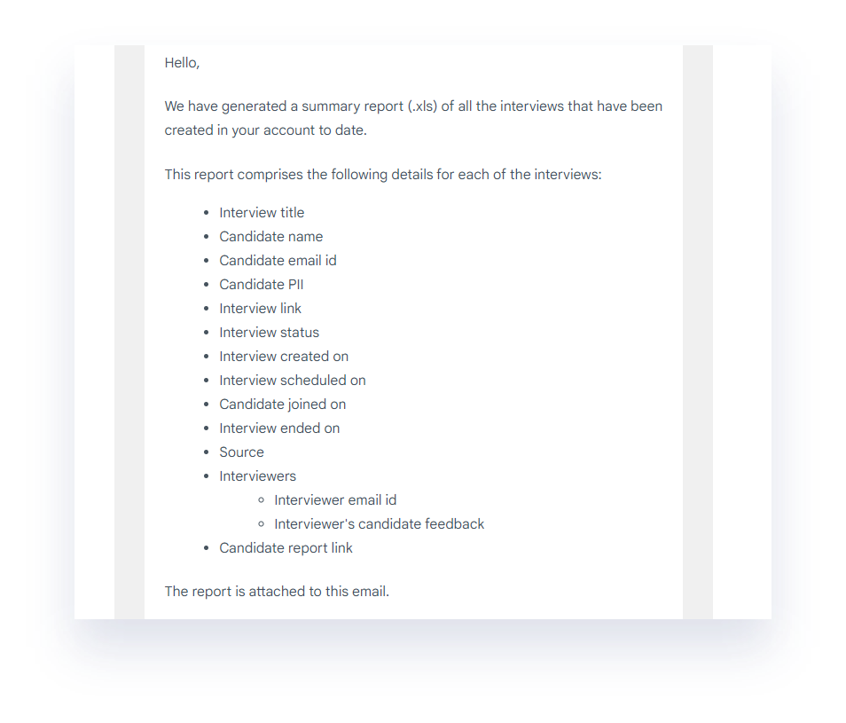 Sample FaceCode email summary showing interviews conducted, interviewer names, candidate names, and evaluation status