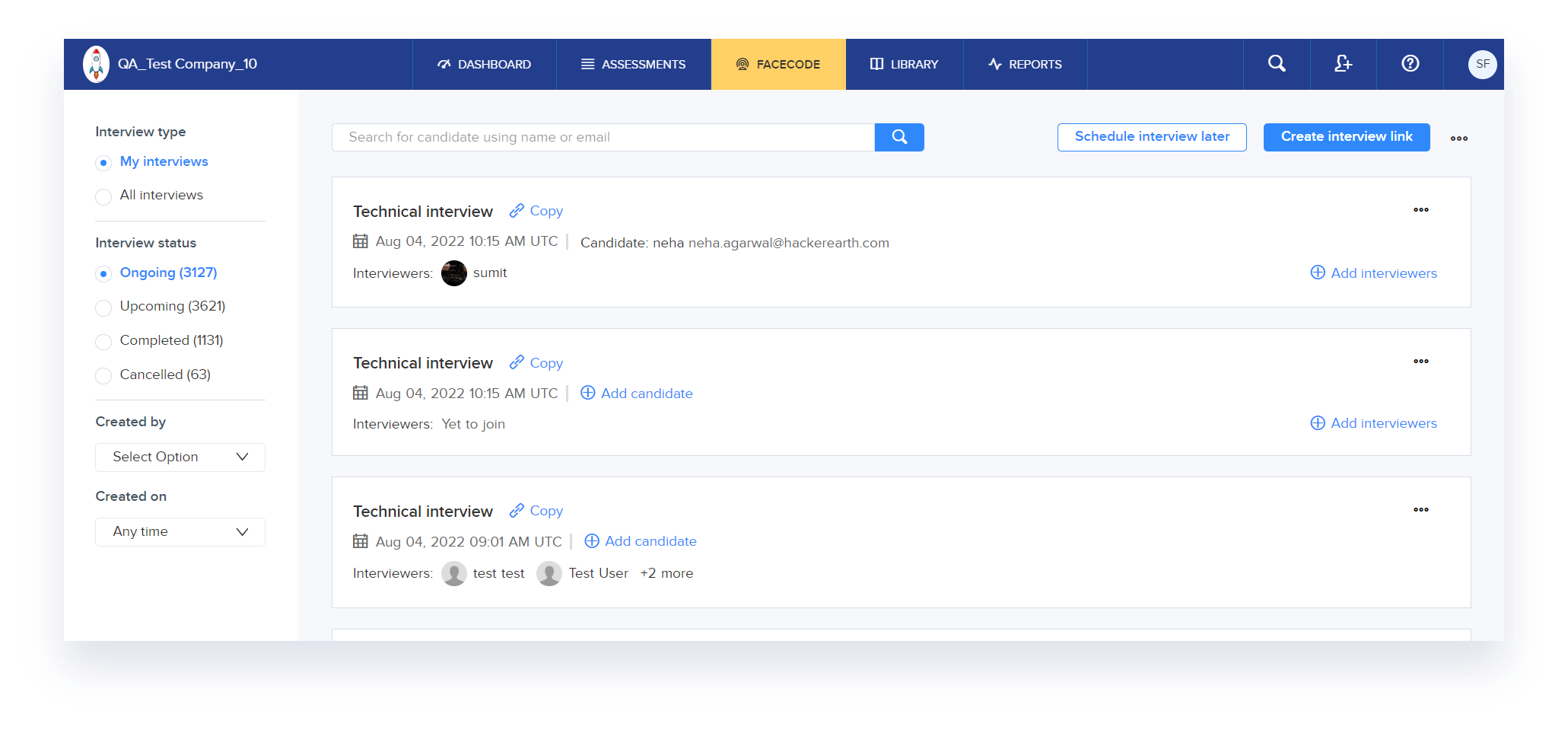 Redesigned FaceCode dashboard showing candidate search, filters, and interview status columns — biggest changes on FaceCode UI update