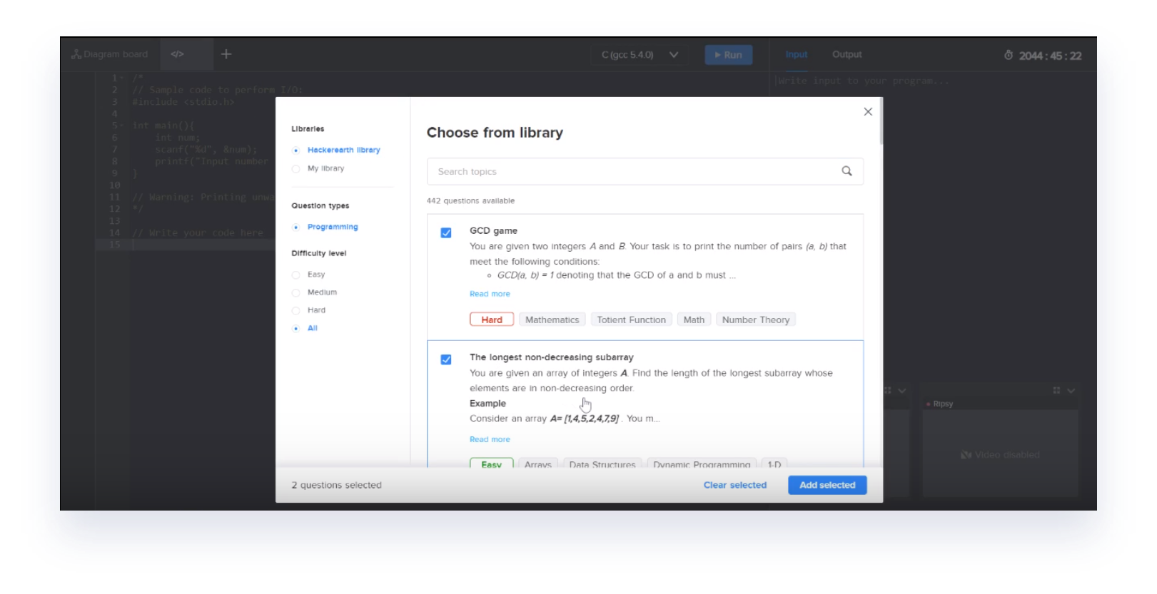 FaceCode interviewer console showing the HackerEarth question library panel and auto-evaluation of a candidate's code submission — biggest changes on FaceCode
