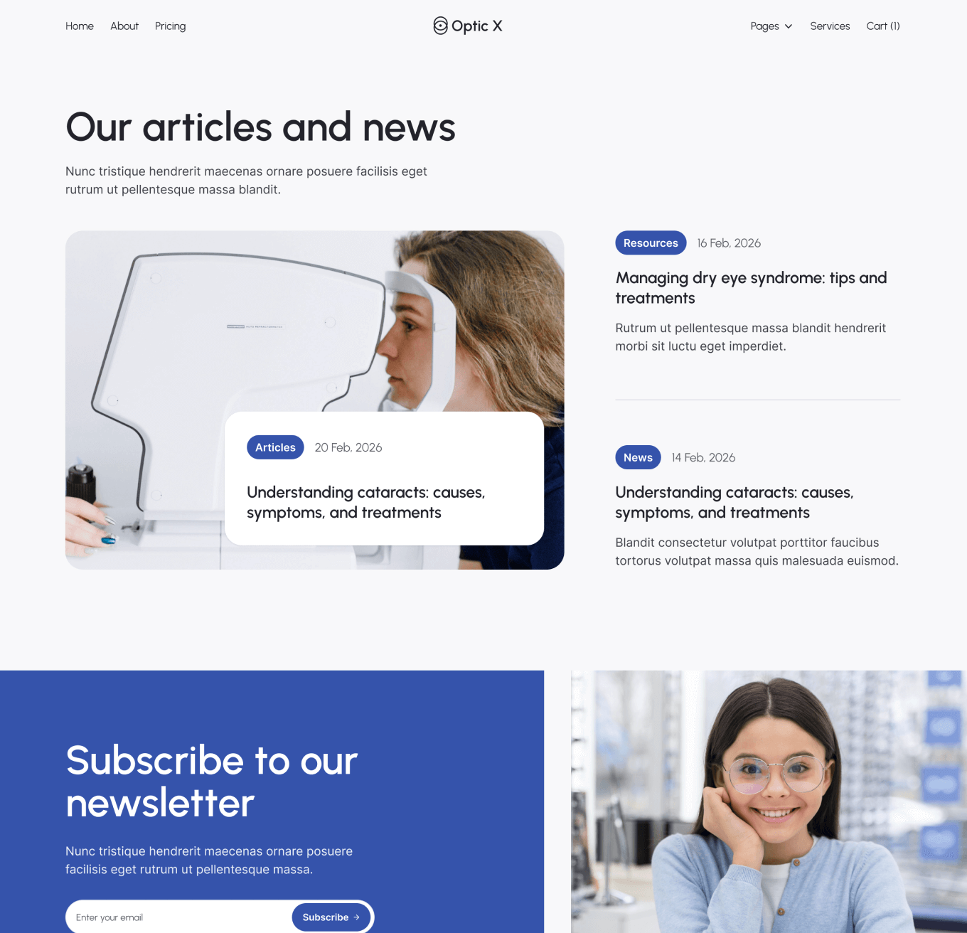 Optic X Blog V3 Hero Page Optician Webflow Template