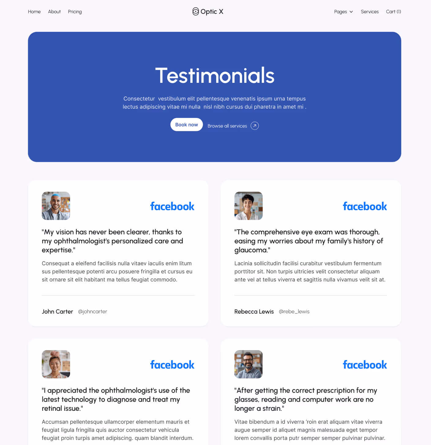 Optic X - Testimonials Main Page - Optician Webflow Template