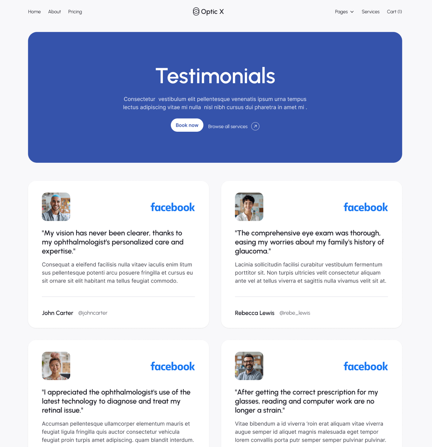 Optic X - Testimonials Main Page - Optician Webflow Template