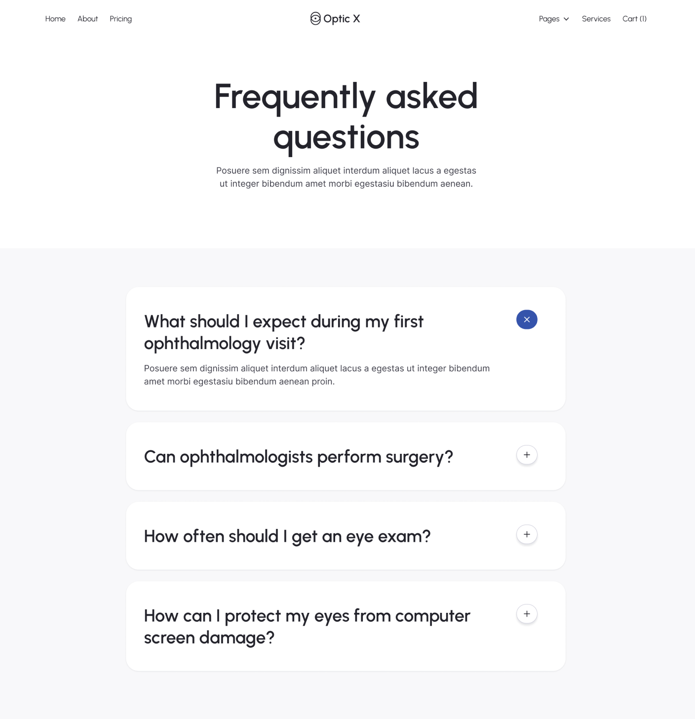 Optic X - FAQs Utility Page - Optician Webflow Template