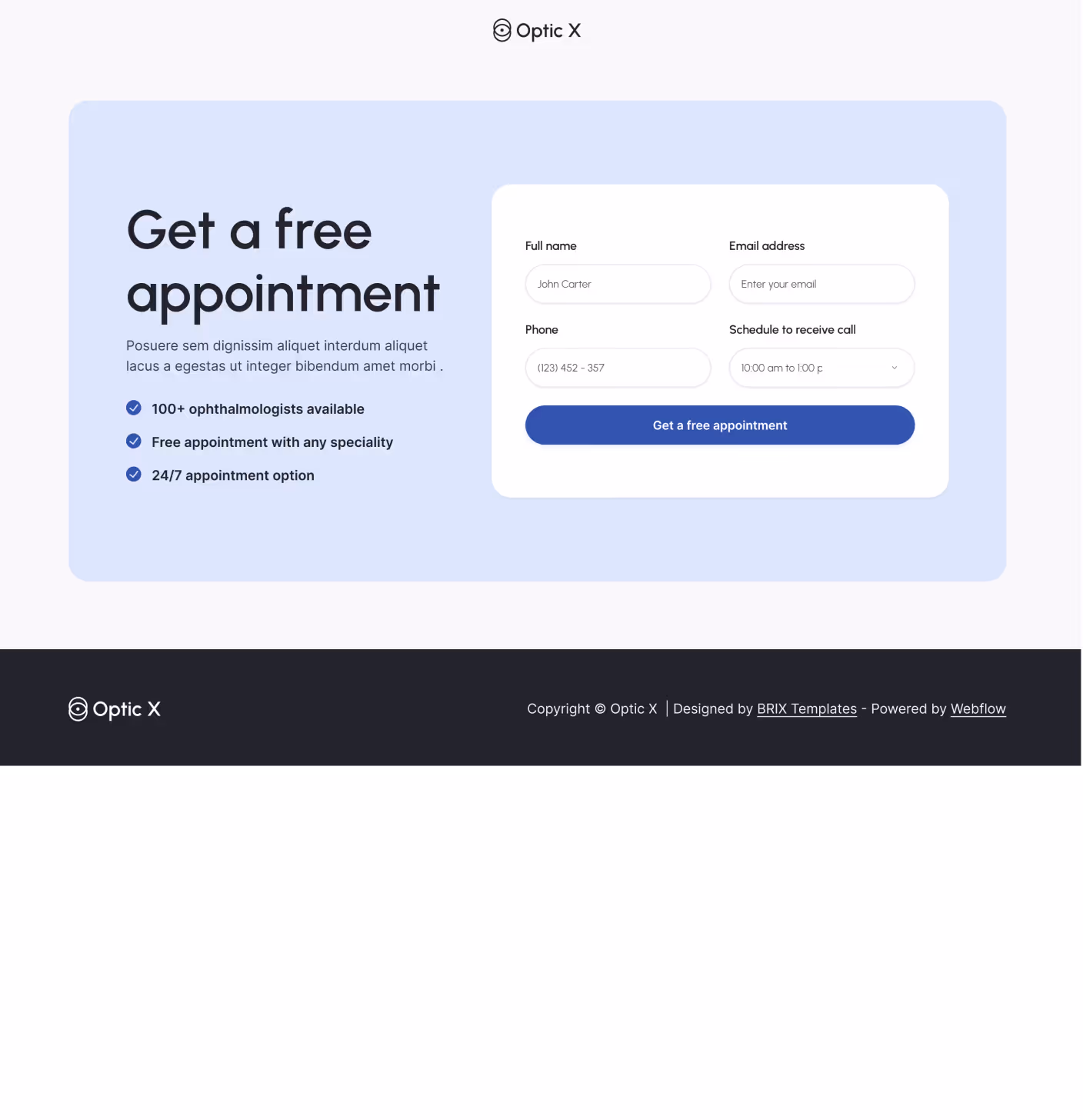 Optic X - Booking Utility Page - Optician Webflow Template