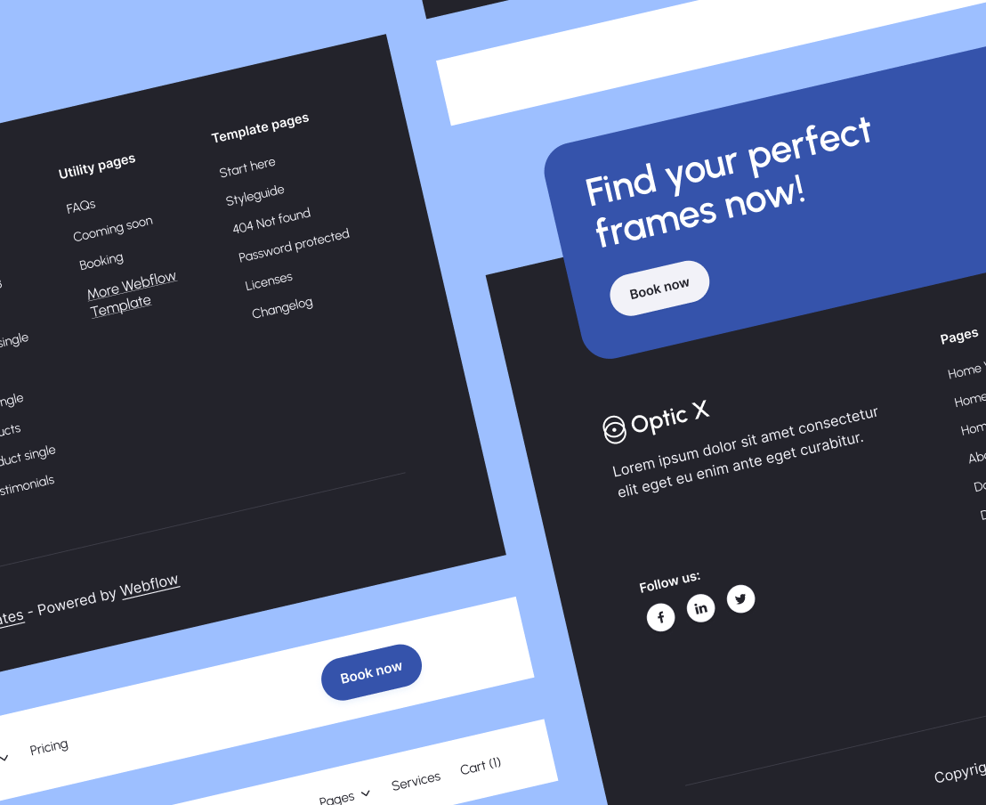 Optic X - 3 Headers And Footers Optician Webflow Template