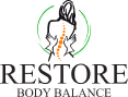 Restore Body Balance logo with stylized spine inside a green and orange circular design.