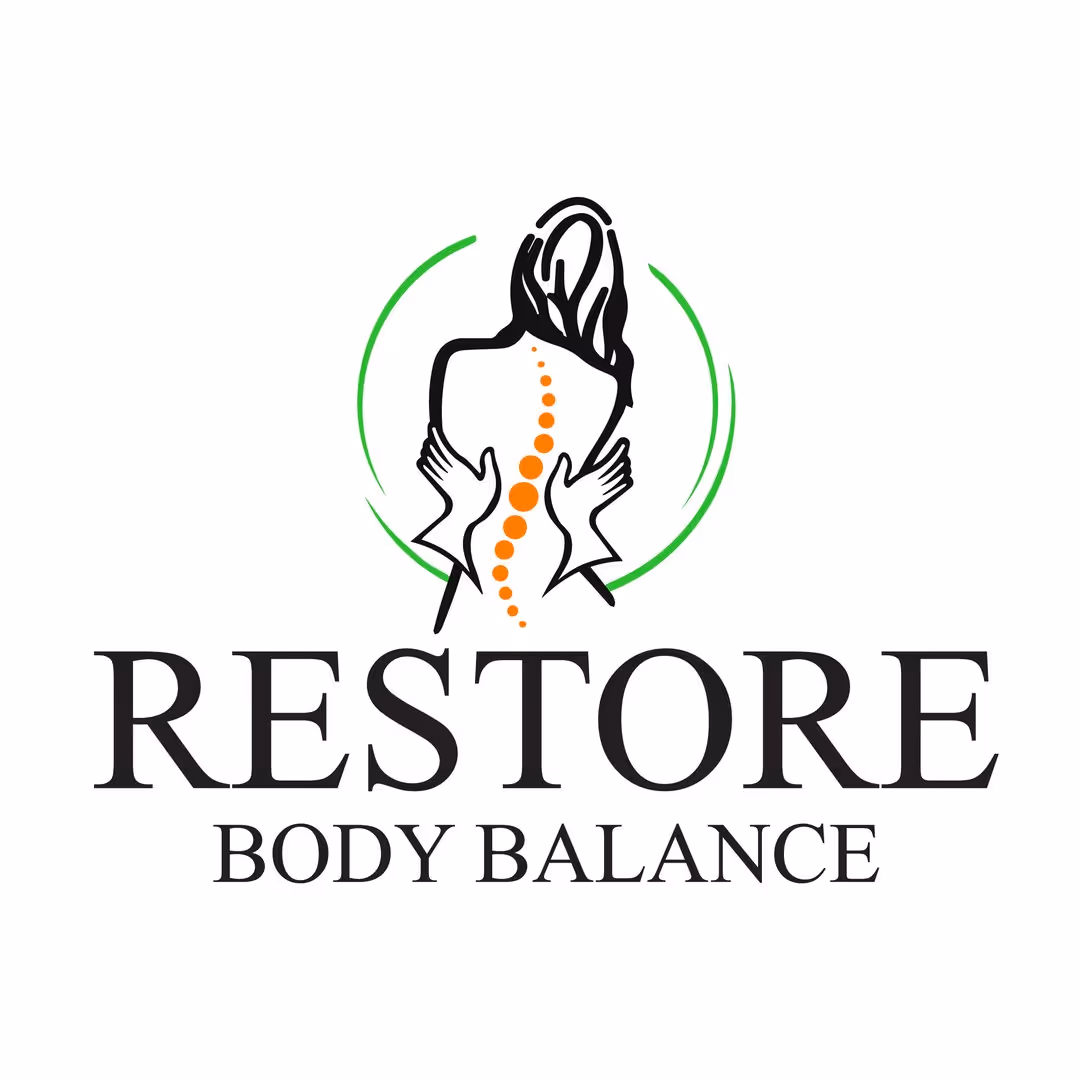 Logo with hands on a back showing spine dots, surrounded by a green arc, text RESTORE BODY BALANCE.