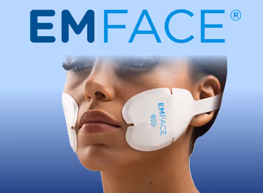 Woman wearing EMFACE device pads on cheeks against a blue gradient background with EMFACE text above.