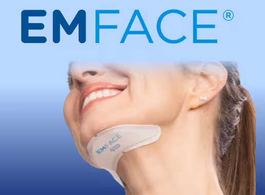 Woman smiling wearing an EMFACE device on her chin against a blue gradient background.