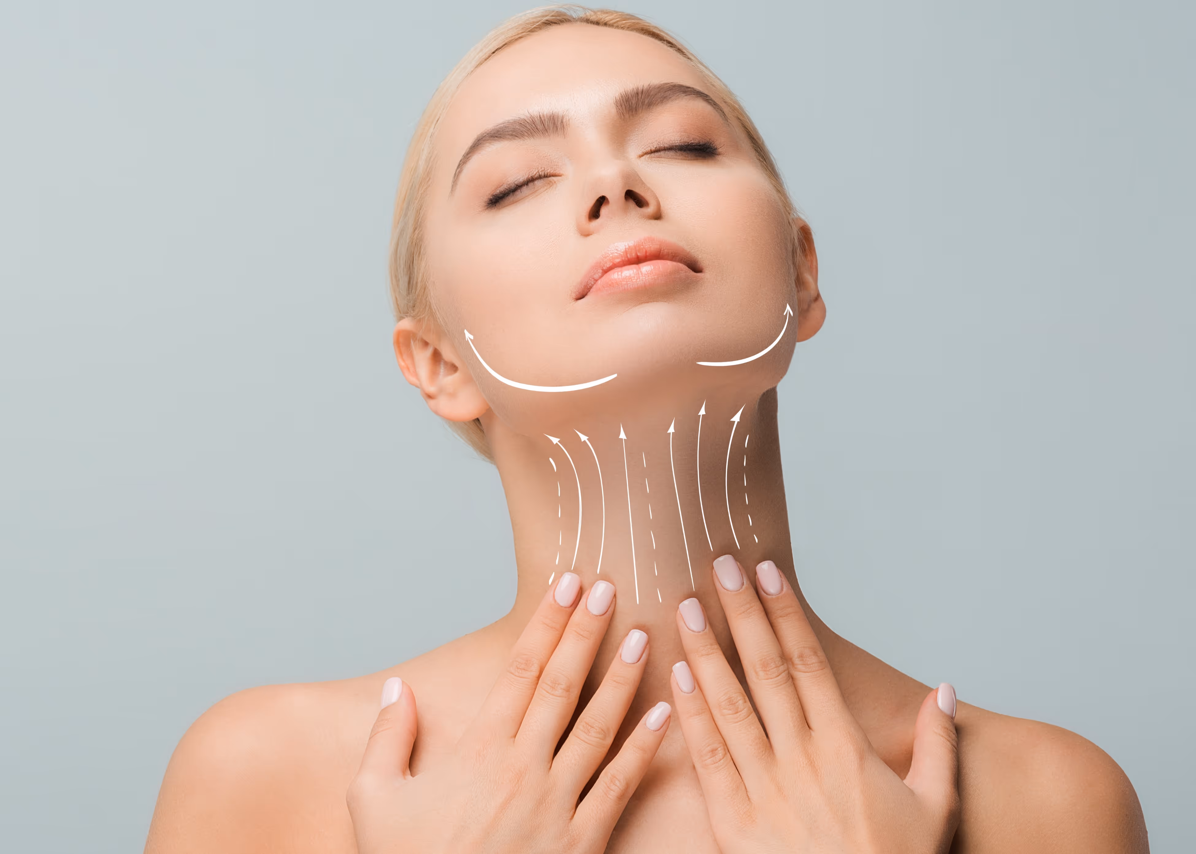 Woman with closed eyes touching her neck, with white arrows indicating skin lifting and tightening.