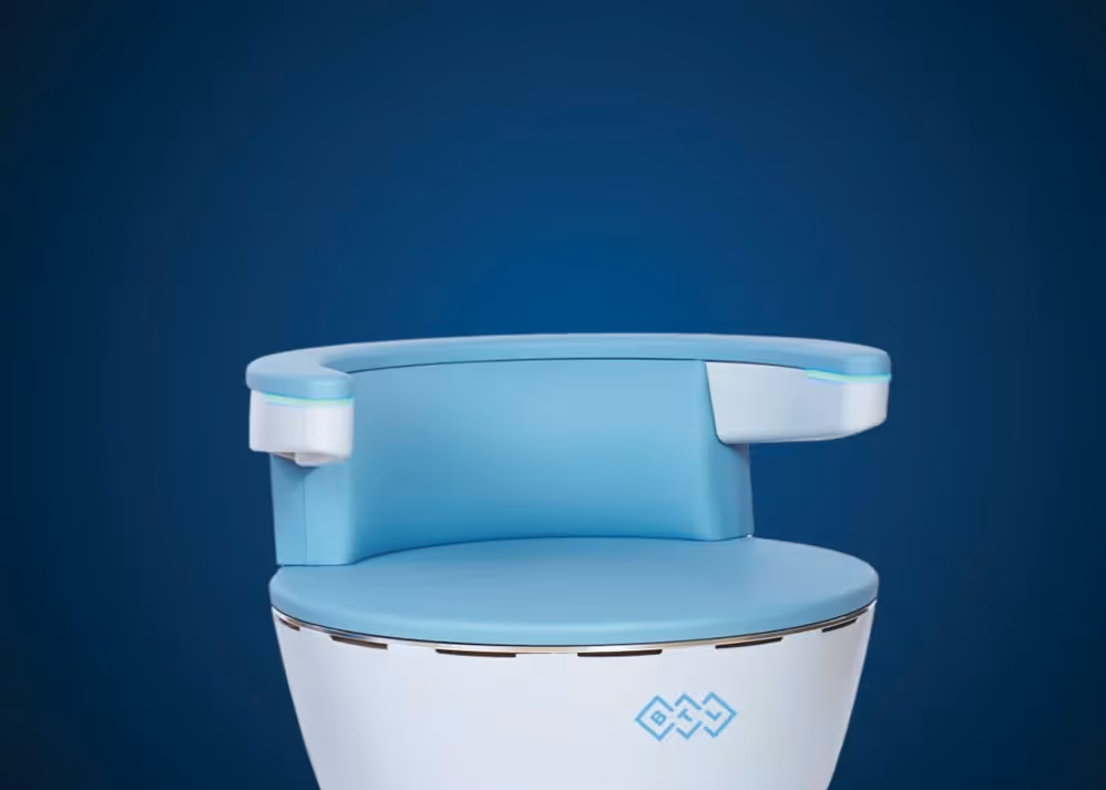 Modern blue and white medical chair with armrests and BTL logo on front panel.