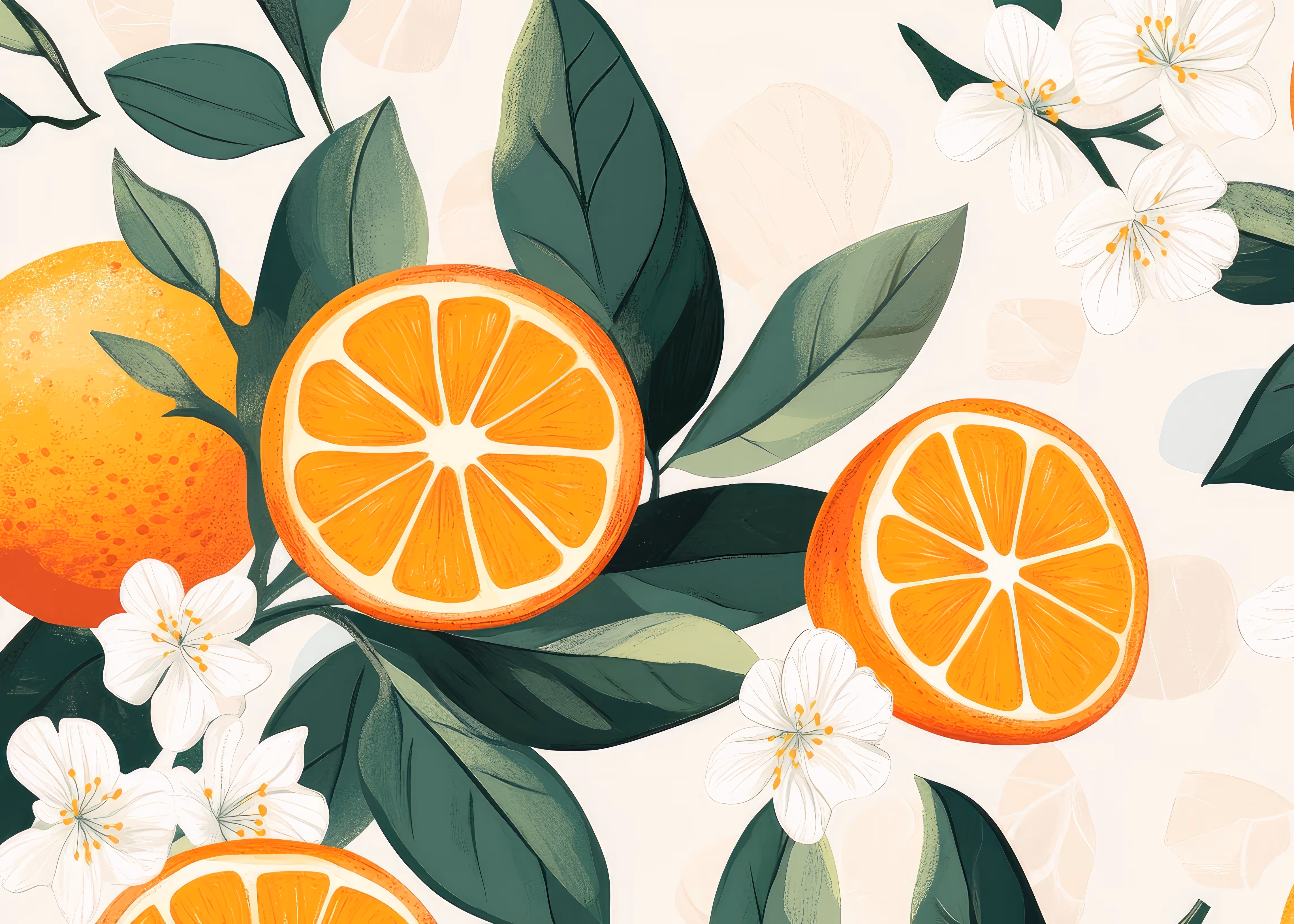 Illustration of orange slices, green leaves, and white flowers on a light background.